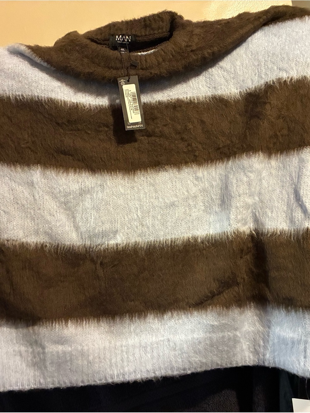 Boohoo MAN Long Sleeve Fuzzy Stripe Sweater in Brown and Light Blue
